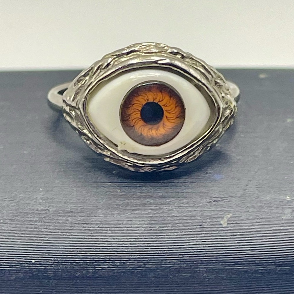 Evil Eye Silver Tone Adjustable Ring with a Realistic Brown Eye Bead. Size 6 1/2